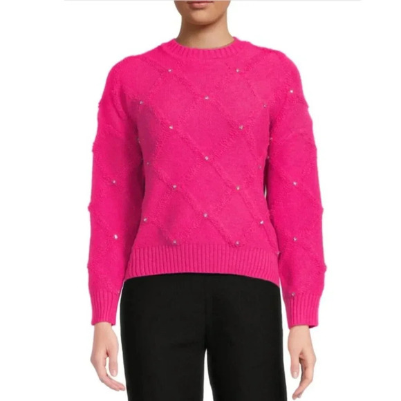 NWT Nanette Lepore Bedazzled Cable Knit Crewneck Pullover Sweater Women's M Pink - Picture 1 of 14